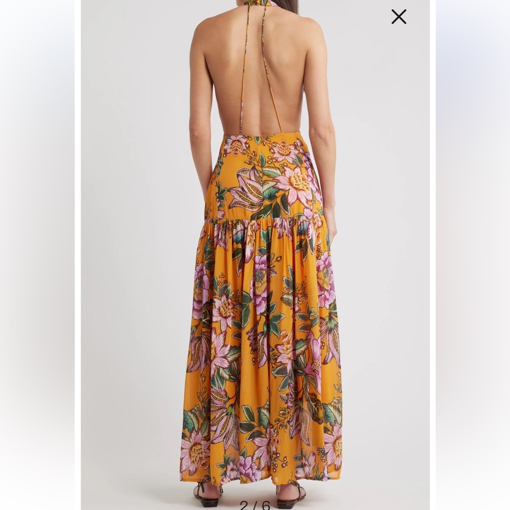 Farm Rio Orange Wonderful Bouquet Maxi Dress rosette halter neck - Picture 3 of 9
